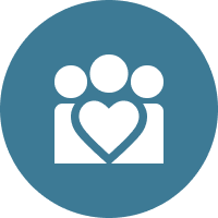 An icon image depicting a group of people with a heart in the middle on a blue circle background.