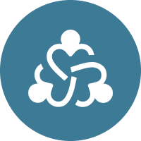 An icon image depicting a network of people connecting together on a blue circle background.