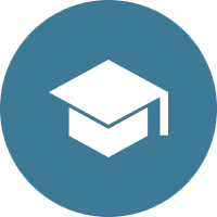 An icon image depicting a mortar board on a blue circle background.