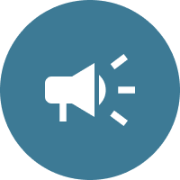 An icon image depicting a white megaphone on a blue circle background.